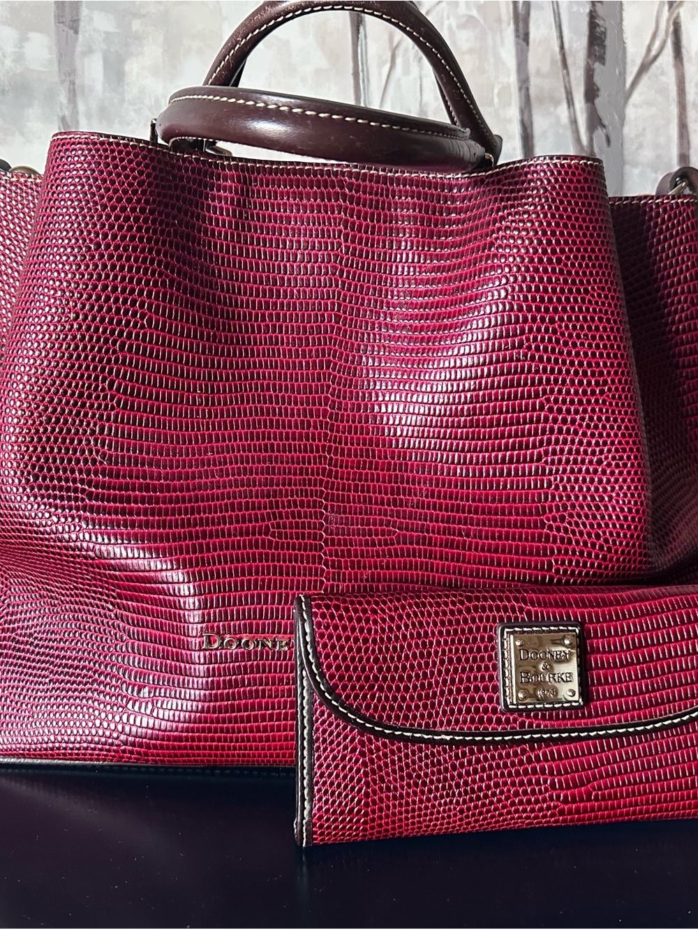 Dooney & Bourke Burgundy Lizard-Embossed Tote with Matching Wallet